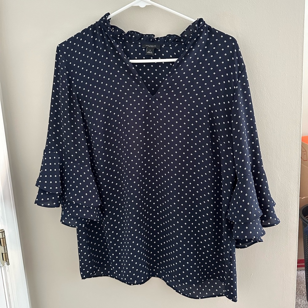 Ann Taylor Blue and White Ruffled Flutter Sleeve Blouse